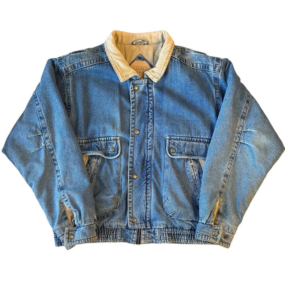 VTG 90s Denim Bomber Jacket 100% Cotton Heavyweight Utility Y2K Jean Unisex XL - Picture 11 of 12